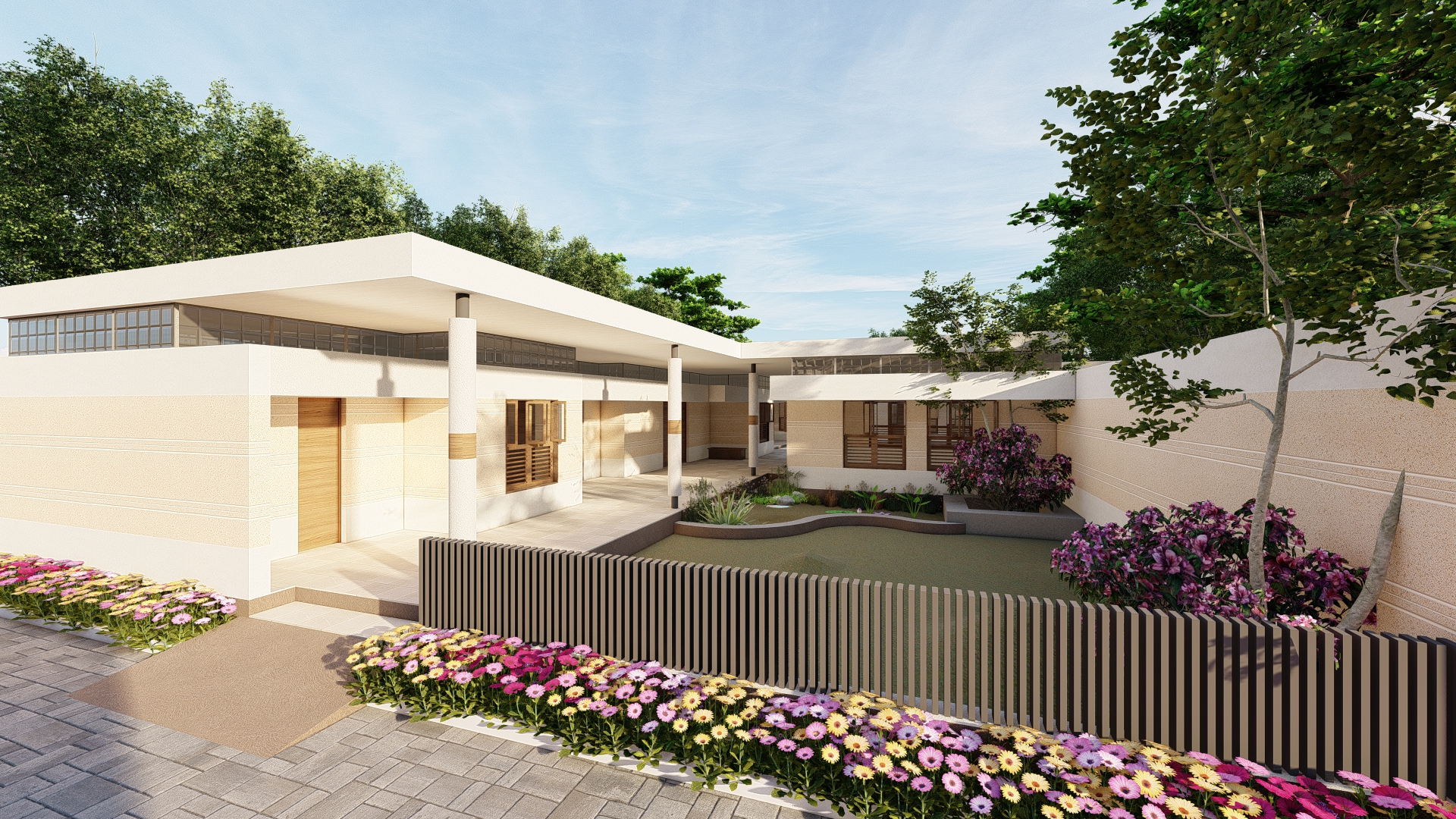 Kabir ashram exterior rendered view _gandhinagar _SINGLE BRICK Studio