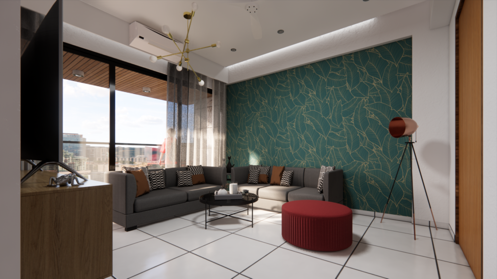 Living room render of 3bhk appartment in Gandhinagar