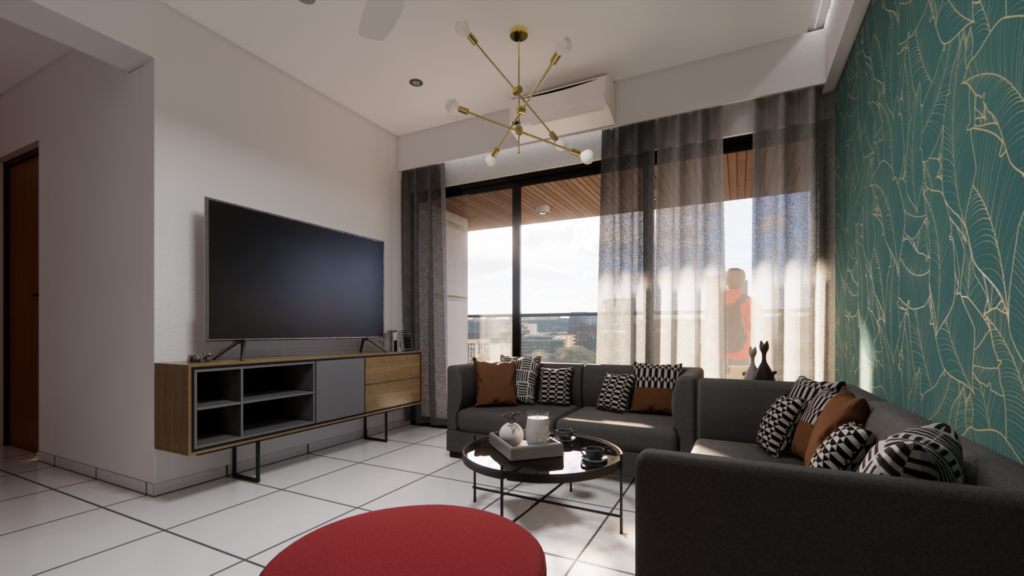 Living room render of 3bhk appartment in Gandhinagar